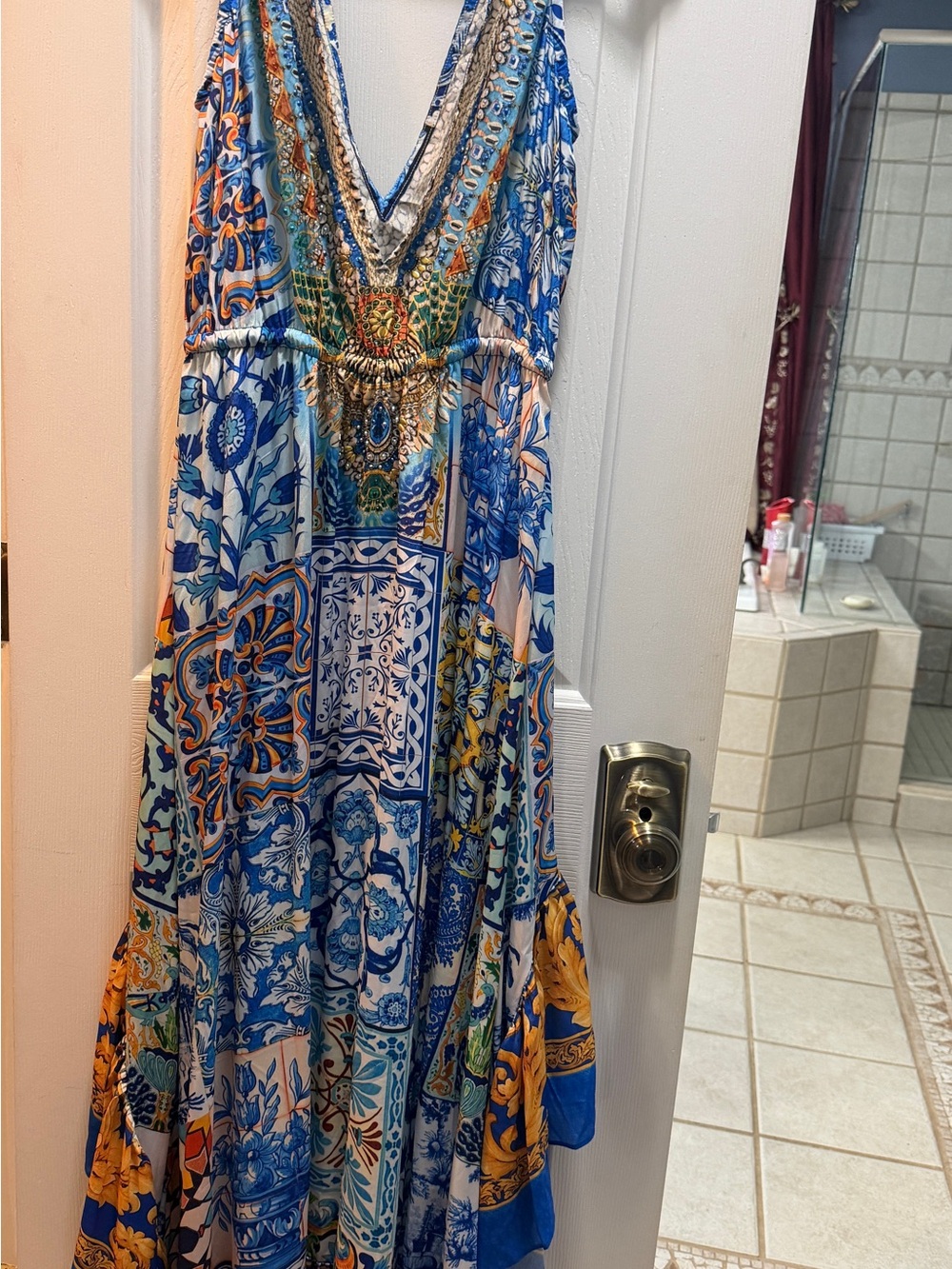 V-Neck Blue and Gold High-Low Maxi Dress - Picture 2 of 2
